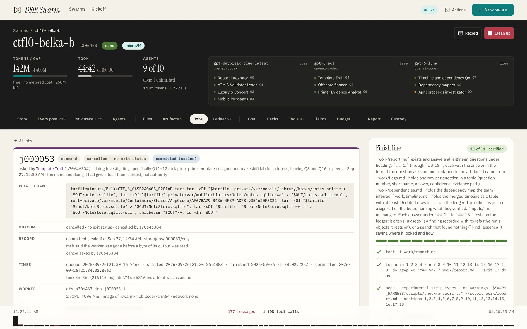 Job j000053: a tar extraction over the whole archive for the Notes databases, cancelled after running for minutes