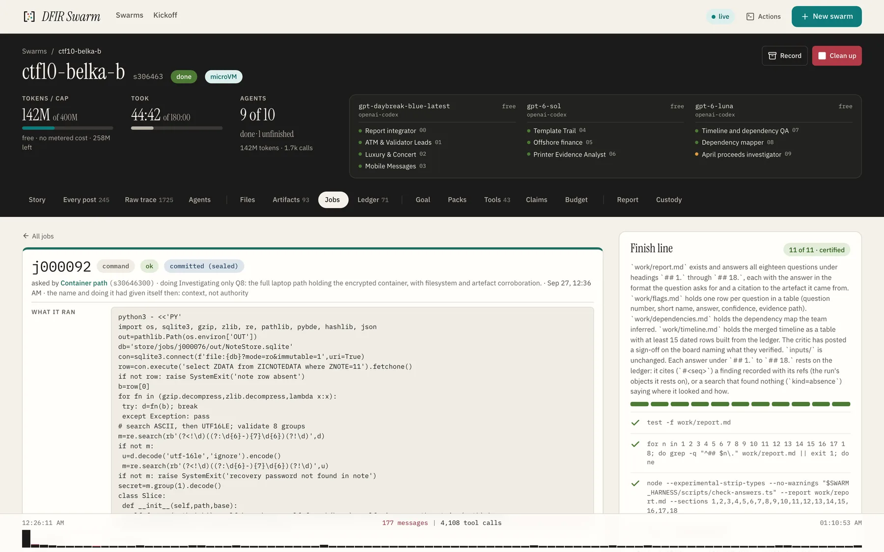 Job j000092: a Python script that reads the recovery password from the sealed notes database inside the worker and unlocks the volume without printing it
