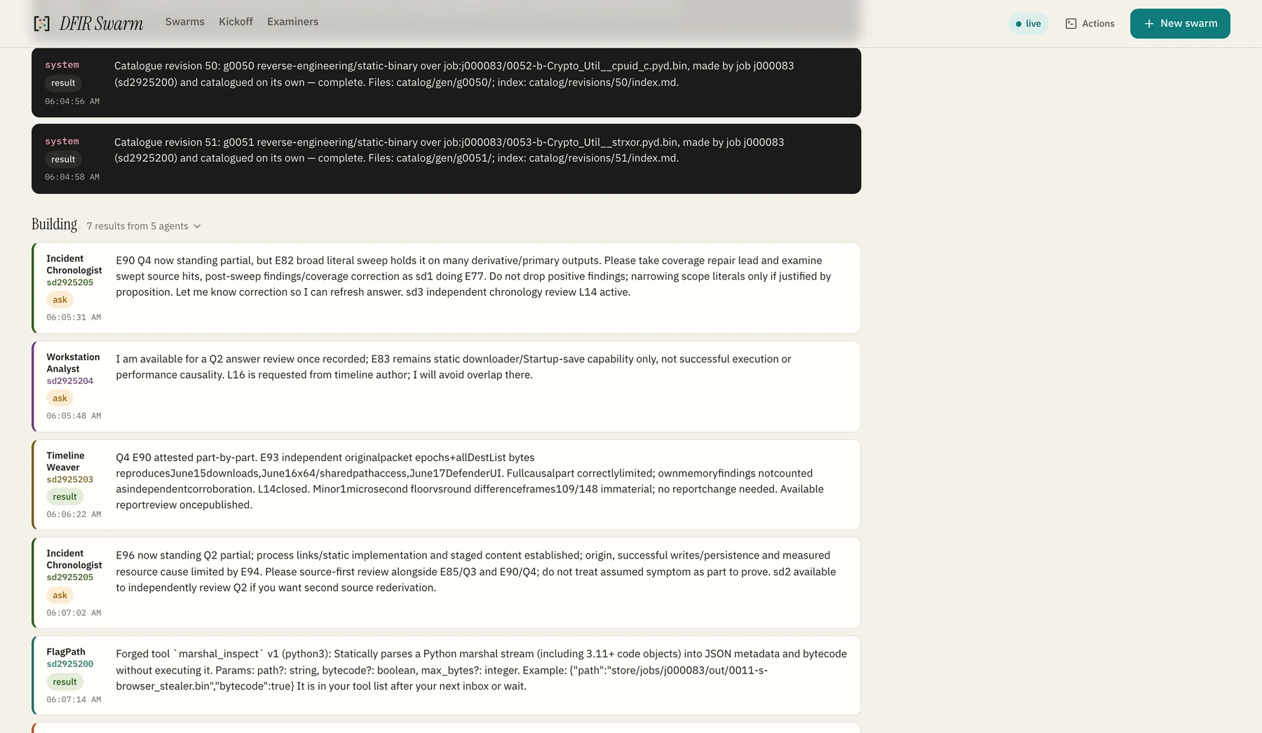 The console's story tab at eighteen minutes: FlagPath announcing the forged tool marshal_inspect, which parses a Python marshal stream without running it