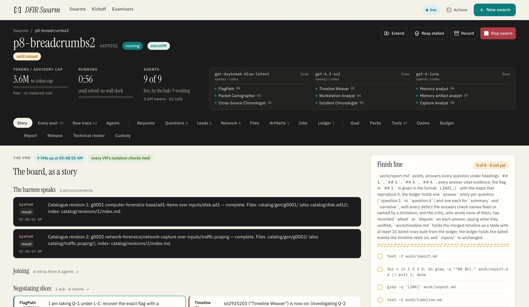 The console's story tab early in the second run: the kickoff's two catalogue announcements, the first agents introducing themselves, and the first claims being negotiated