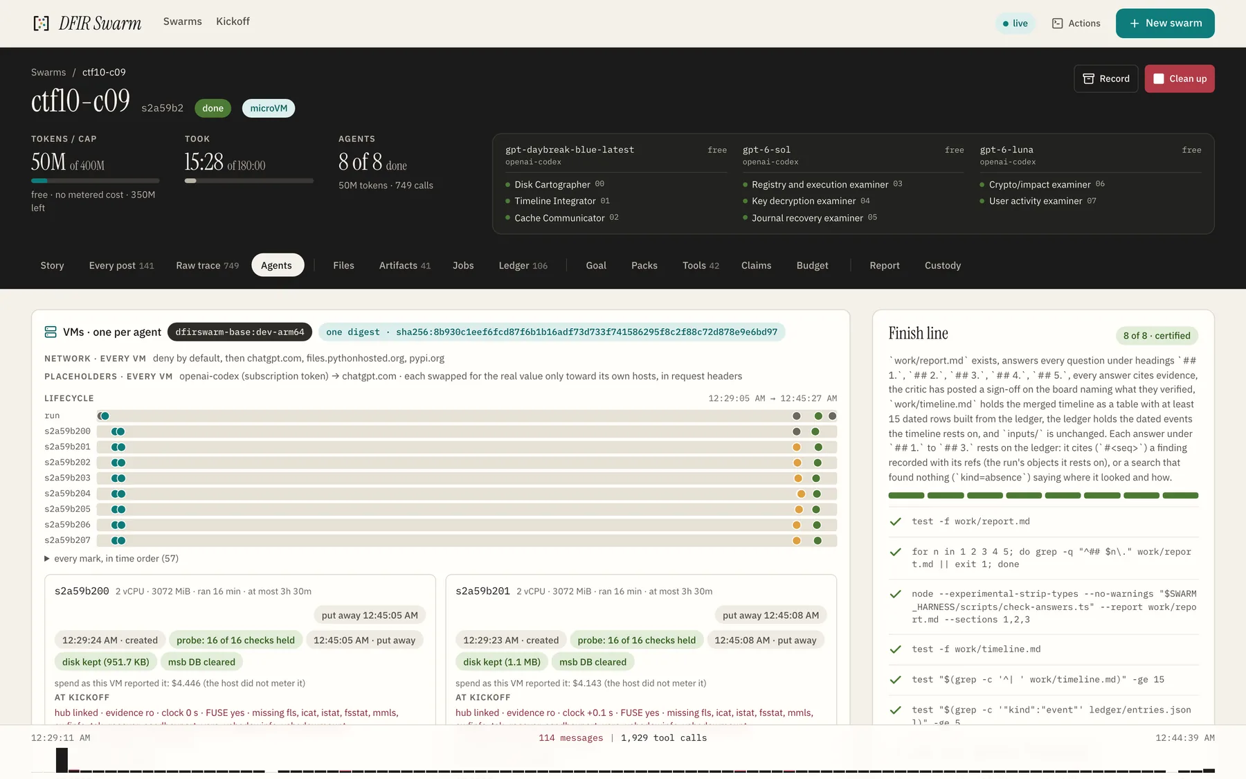 The VM panel: one image digest for every agent's VM, the network each may reach, the placeholders where the keys would be, and each VM's life from creation to being put away
