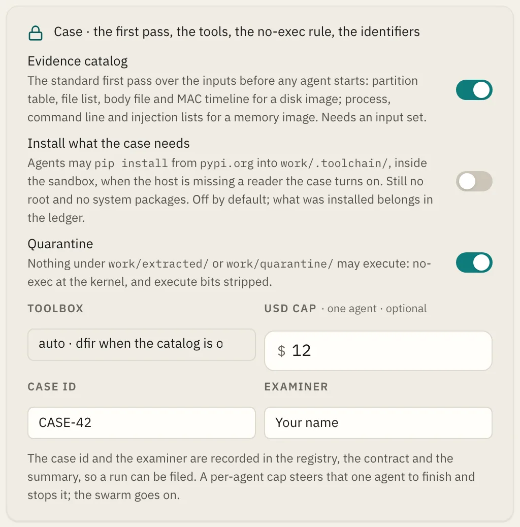 The case card: evidence catalog, install, quarantine, the toolbox, a per-agent cap, the case id and the examiner