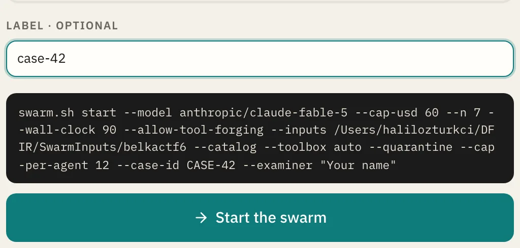 The label field, the swarm.sh start command the form has built, and the Start the swarm button
