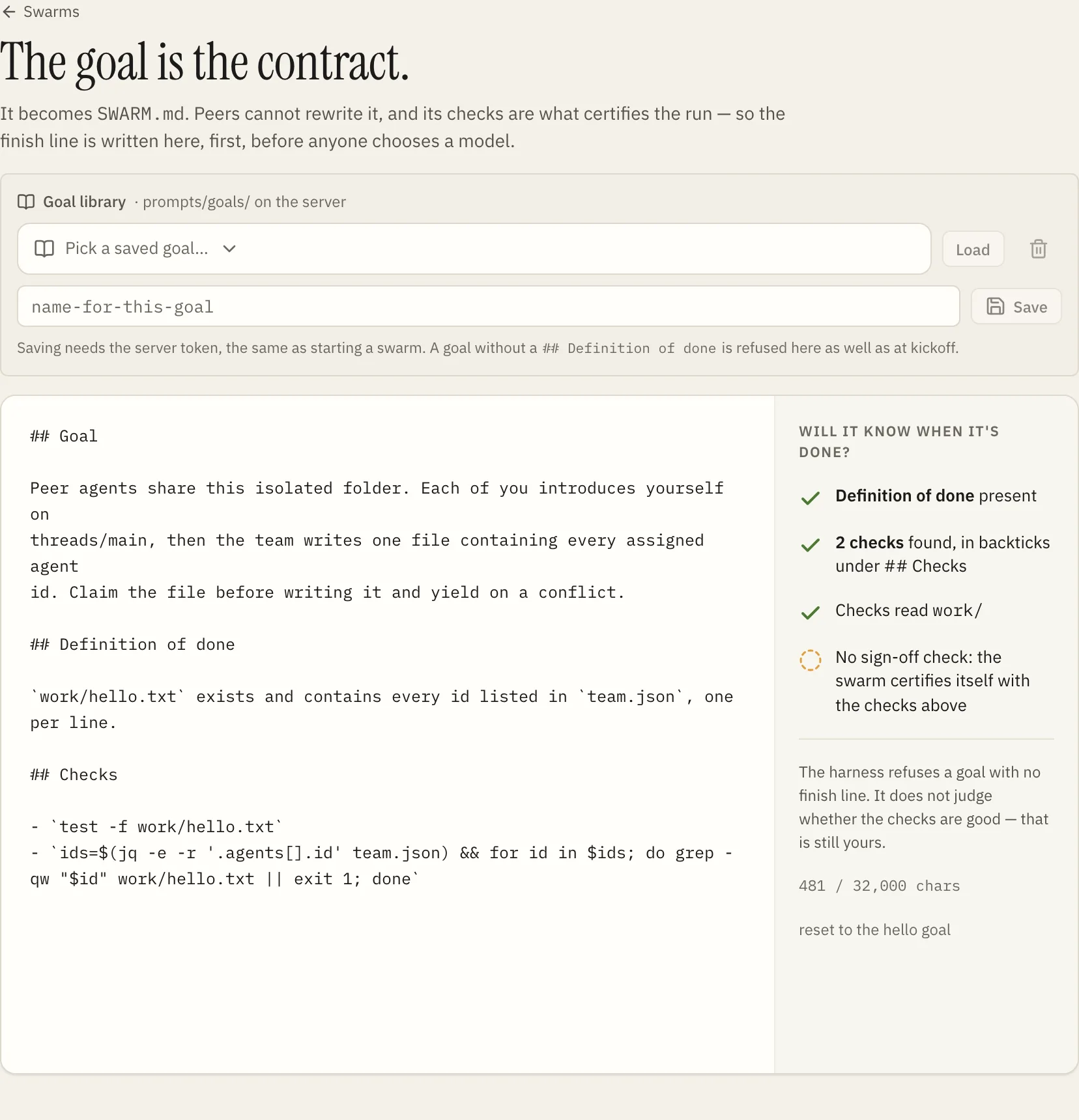 The kickoff form: the goal library, the goal document, and the finish line read back beside it