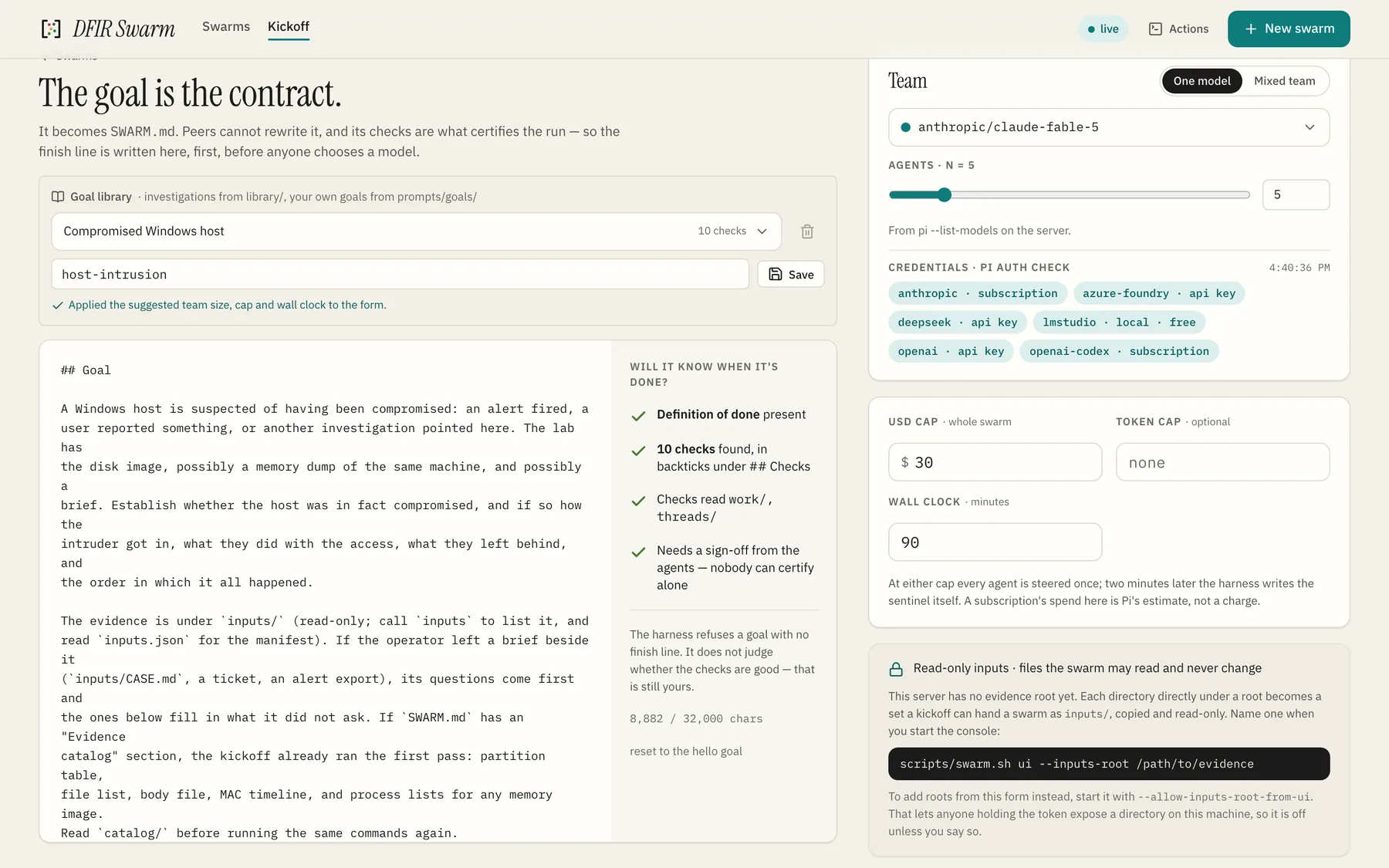 An investigation loaded into the console's kickoff form: the contract in the editor, and the panel that counts its checks