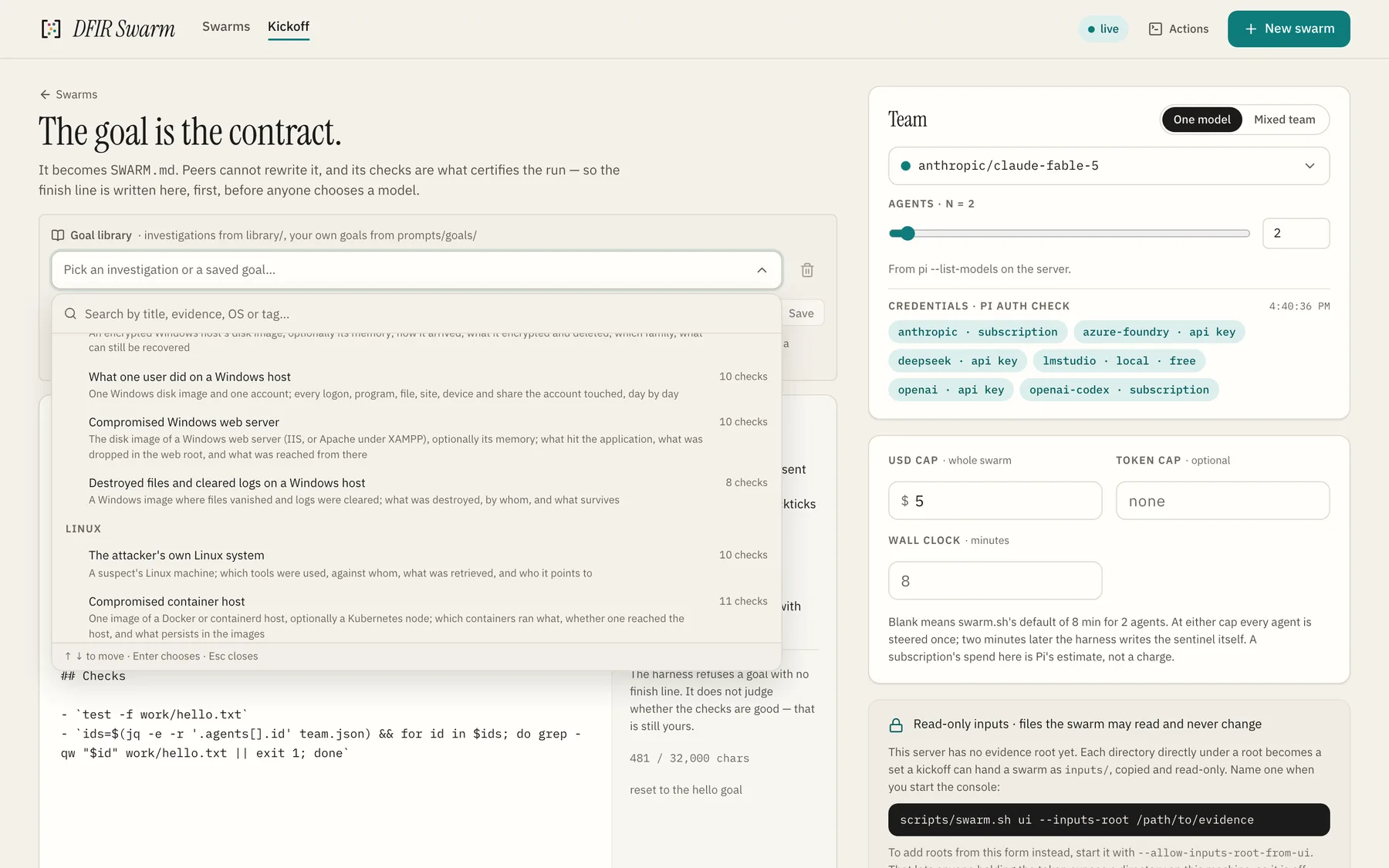 The investigation library in the console's kickoff form, grouped by category with a summary and a check count for each